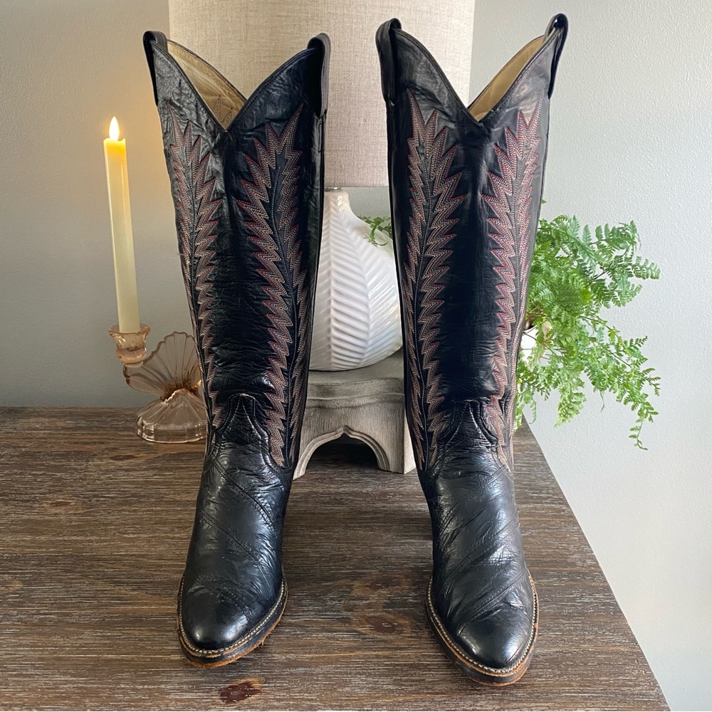 LARRY MAHAN Vtg Eel Skin Exotic Tall Knee High Cowgirl Cowboy Western Boots 6.5B